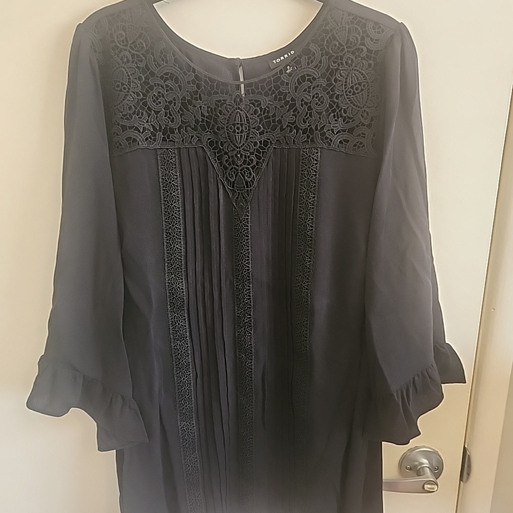 Torrid Black Lace Yoke Blouse 3/4 Sleeves